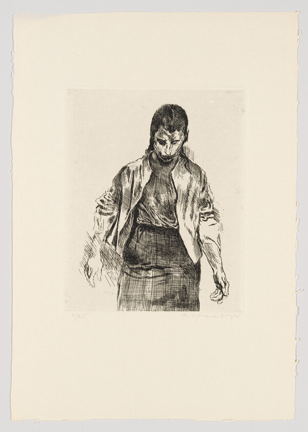 An etching of a person with a contemplative expression, looking downward. The individual appears to be wearing a loose-fitting shirt and a skirt or apron. The artwork is monochromatic and exhibits detailed line work, emphasizing the textures of the clothing and the person's hair. The print is centered on a piece of paper with rough edges, and there is a signature at the bottom right corner.