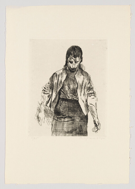 A woman stands looking down with arms slightly out, drawn in dark sketch lines.