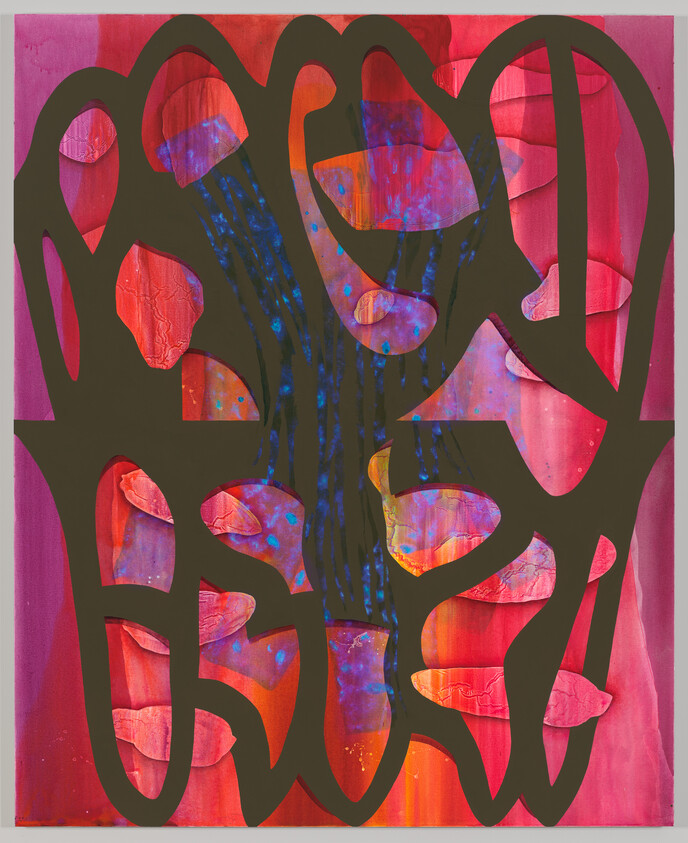 Layered on top of a warm gradient background of red, purple, pink, and yellow, a black fluid outline interacts with floating organic shapes.