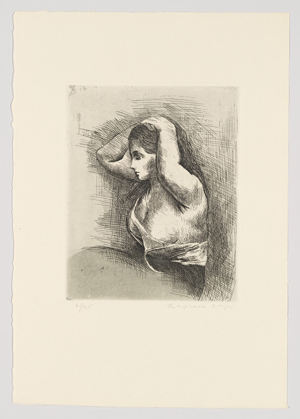 A woman lifts her arms to adjust her hair while looking pensively to the side.