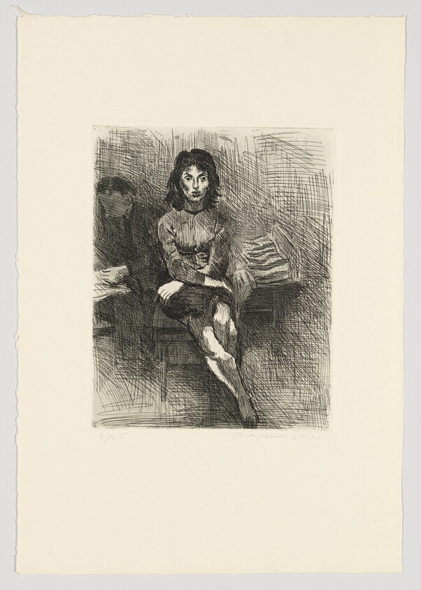 An etching of a seated young woman with dark hair looking directly at the viewer, surrounded by sketchy, expressive lines that suggest an interior space. The artwork has a limited palette, emphasizing the use of light and shadow. There is a signature and edition number at the bottom of the print.