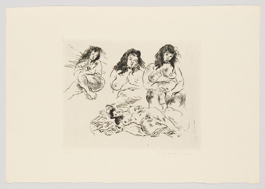 A black and white etching featuring four sketches of a woman in different poses, with a focus on her facial expressions and form. The artwork is signed and dated in the lower right corner.