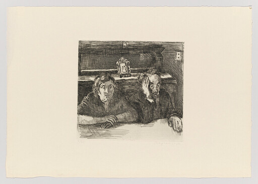Two men sit at a table looking worried, one resting his head on his hand.