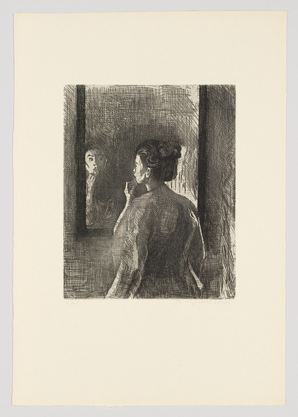 A black and white etching depicting a person from behind looking into a dark room where the face of another person is faintly visible in the shadows. The style is sketch-like with cross-hatching and textural details, and the image is centered on a piece of paper with rough edges.