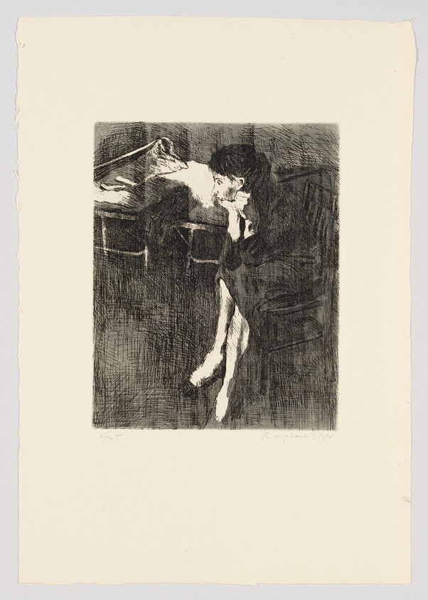 A monochromatic etching depicting a woman seated in a dark room, resting her head on her hand with her elbow on a table, suggesting a pensive or melancholic mood. The artwork is characterized by expressive, dark lines and high contrast, capturing a sense of intimacy and introspection. The paper has rough edges, and there is a signature at the bottom right corner.
