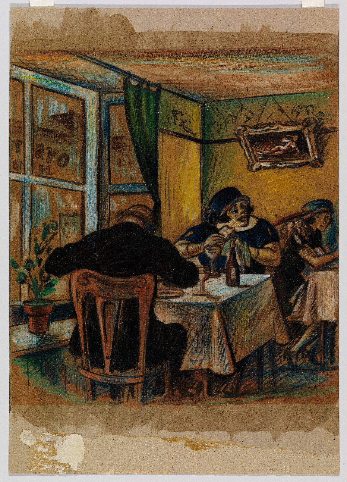 Three people sit at a cafe table while one woman wipes her mouth and others eat.