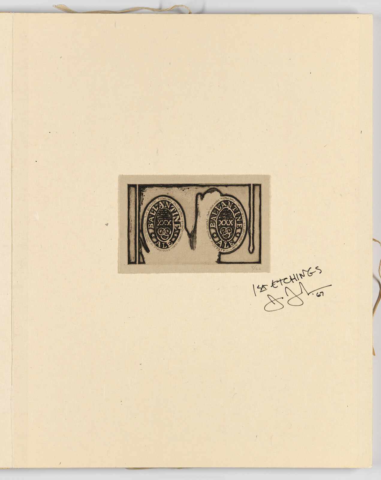 Small etching of two Ballantine Ale seals centered on a cream page with a handwritten note.