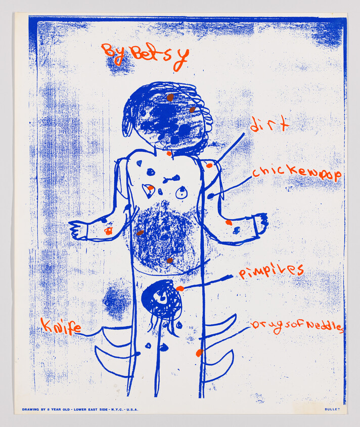 A childlike drawing in blue on a white background with red-orange text annotations. The drawing depicts a simplistic figure with a round head, stick limbs, and a torso adorned with hearts. Words like "By Betsy," "dirt," "chickenpox," "pimples," "knife," and "orgy of needles" are scrawled across the image. The bottom text reads "DRAWING BY 8 YEAR OLD - LOWER EAST SIDE - N.Y.C. - U.S.A." indicating the artist's age and location.