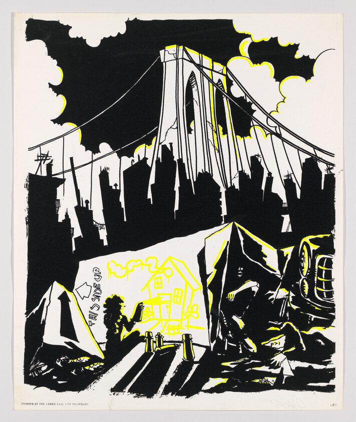 Silhouetted people by tents draw a glowing house sketch beneath a large suspension bridge and skyline.