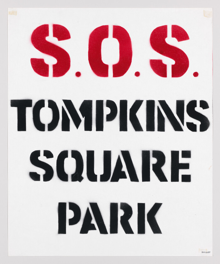 Stencil graffiti artwork featuring the text "S.O.S. TOMPKINS SQUARE PARK" in bold, capitalized letters with the "S" in "S.O.S." and the "O" stylized as dollar signs. The text is in red and black against a white background, and there's a small signature or tag that reads "BULLET" in the bottom right corner.
