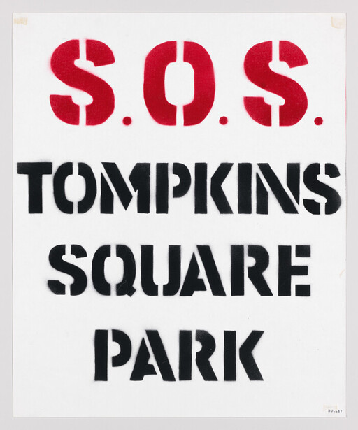 Bold stenciled letters reading S.O.S. Tompkins Square Park on a white background.