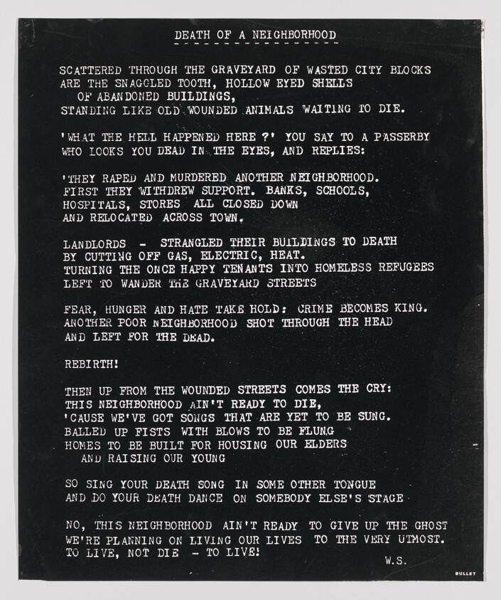 A typed poem titled "DEATH OF A NEIGHBORHOOD" by W.S., discussing urban decay and hope for rebirth, on a black background.