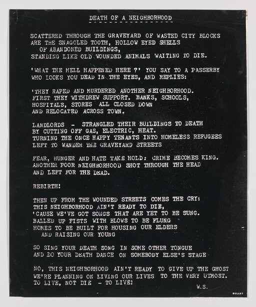 Poster titled "Death of a Neighborhood" with typed poem about abandoned buildings, decay, and rebirth.