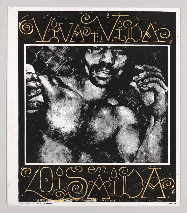 Shirtless man presses against a chain-link fence with raised hands under stylized gold text.