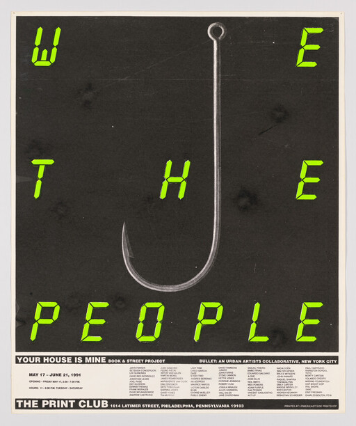 A large fishing hook centered on a dark background with neon text reading "WE THE PEOPLE."