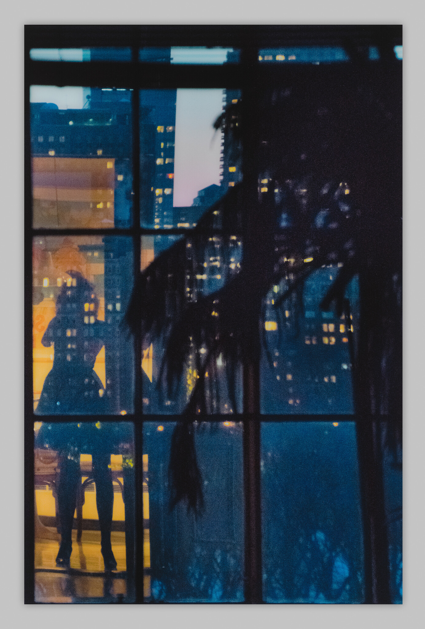 A silhouette of a person standing by a window at dusk, with the cityscape visible through the glass and the reflection of the room's interior, including a plant, overlaid on the view outside.