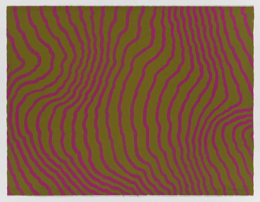 A vibrant op art print featuring wavy lines in alternating shades of green and pink, creating a visual illusion of movement and depth. The bottom corners of the image contain handwritten signatures or inscriptions.
