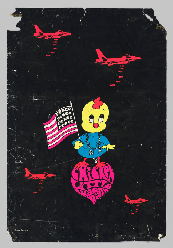 A vintage poster featuring a cartoon chick with a human-like face, wearing a blue shirt and a peace sign necklace, standing on a pink heart with the word "LOVE" written on it. The chick is holding a flag with the word "PEACE" repeated in different directions. Four red airplanes are depicted in the background, each leaving a trail of red dots. The poster has a black background with visible creases and tears, suggesting age and wear.