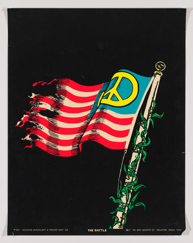 A torn red-and-white striped flag with a yellow peace symbol waves from a vine-covered pole.