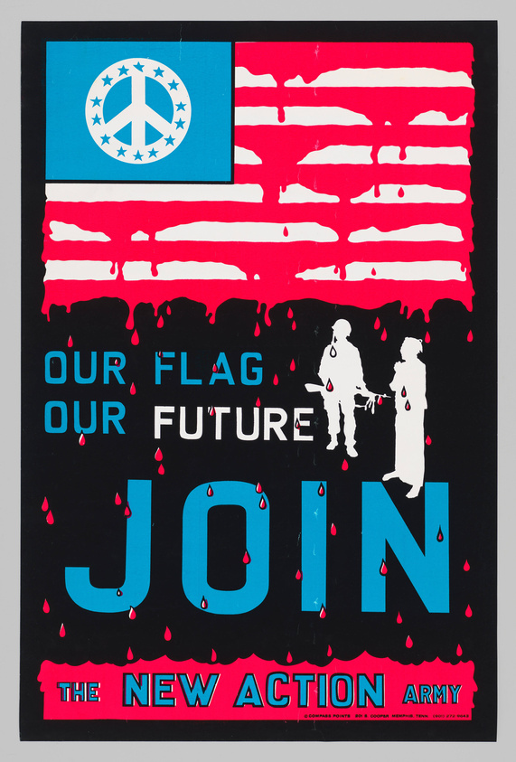 A graphic poster featuring a stylized American flag with a peace symbol replacing the field of stars against a blue background. The stripes are red with a dripping effect at the bottom. Below the flag, large blue and pink text reads "OUR FLAG OUR FUTURE JOIN" with "JOIN" emphasized in size. Beneath this, in pink, is "THE NEW ACTION ARMY." Two white silhouettes of people, one handing a flower to the other, are in the center, with red droplets surrounding the text and figures. The overall design suggests a call to action for peace and change.