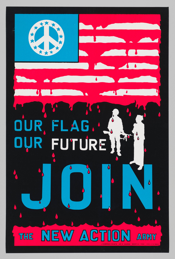 A graphic poster featuring a stylized American flag with a peace symbol in the canton area instead of stars and stripes dripping like paint. Below the flag, large blue and red text reads "OUR FLAG OUR FUTURE JOIN THE NEW ACTION ARMY." Two white silhouettes of people, one holding a gun, are in the center, with red droplets surrounding the text and figures.