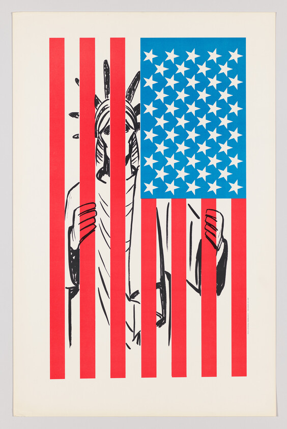 Statue of Liberty seen behind red stripes with the blue star field covering her face.