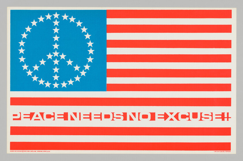 American flag with a star-formed peace symbol and bold text "Peace needs no excuse" across the stripes.