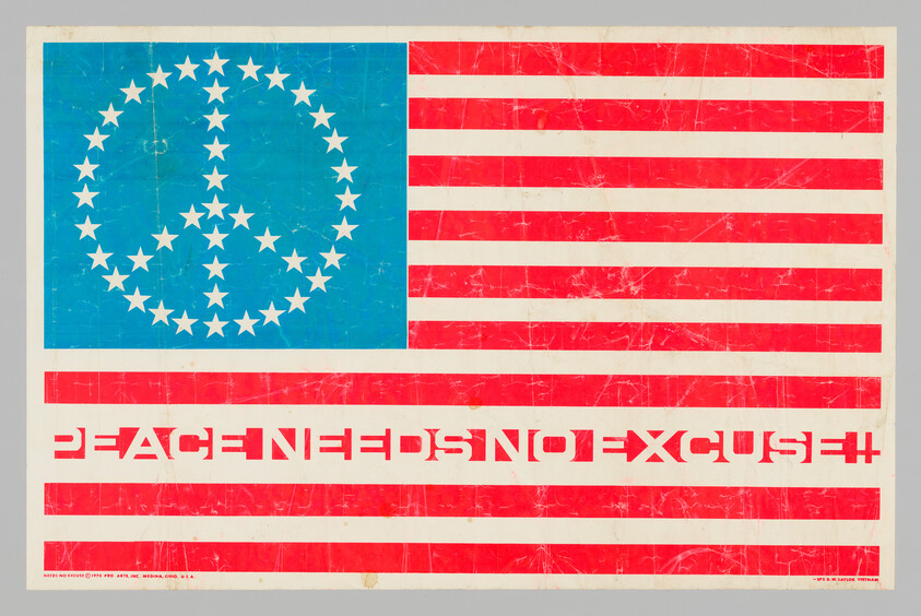 American flag with star-formed peace symbol and bold text reading 'Peace needs no excuse' across the stripes.