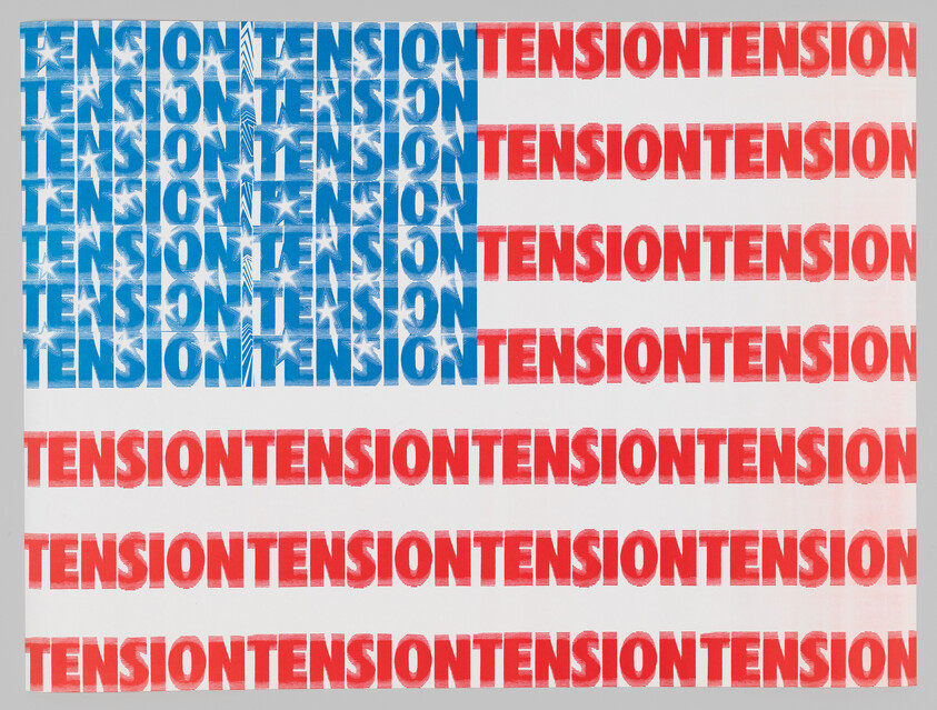 American flag formed by repeating the word TENSION in blue and red across stripes.
