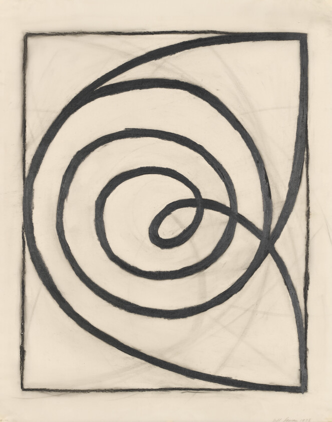 A thick black spiral line winds inside a rectangular border, looping and crossing itself.