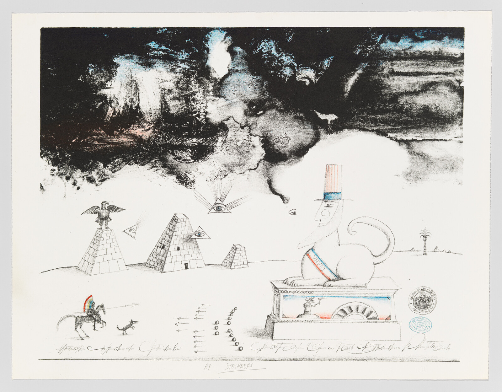 A sphinx-like creature wearing a top hat and sash sits on a pedestal amid pyramids and watchful eyes.