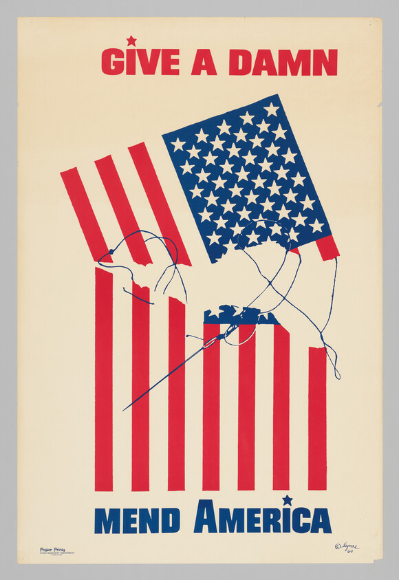 A poster shows an American flag being stitched together with the slogans "Give a Damn" and "Mend America."