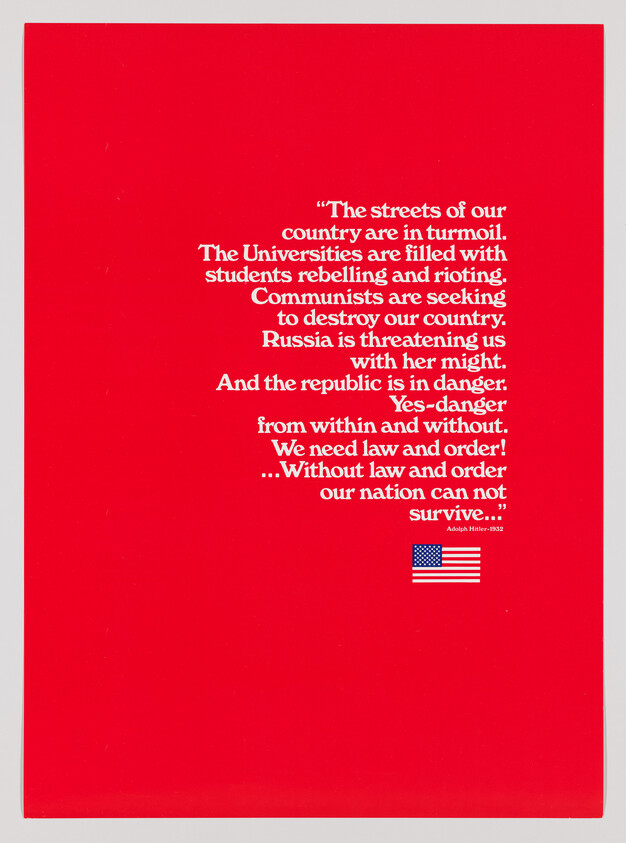A red poster displays a white block quote about national unrest calling for law and order with a US flag.