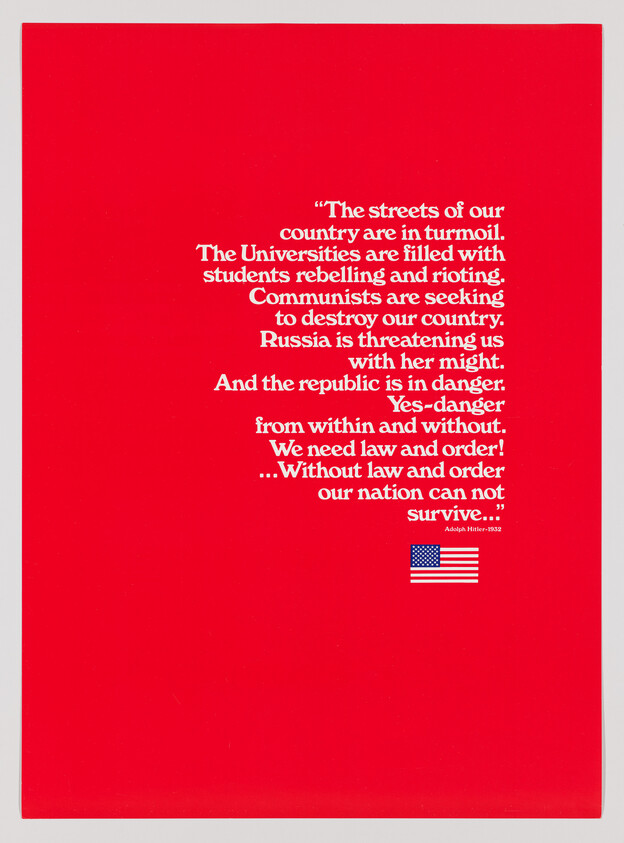 Red poster showing a white block quotation warning about national turmoil and calling for law and order.