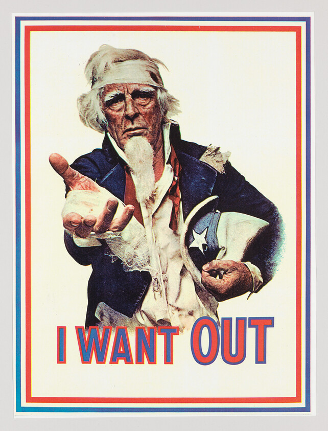 A worn Uncle Sam reaches forward, with bold text reading "I WANT OUT" beneath him.