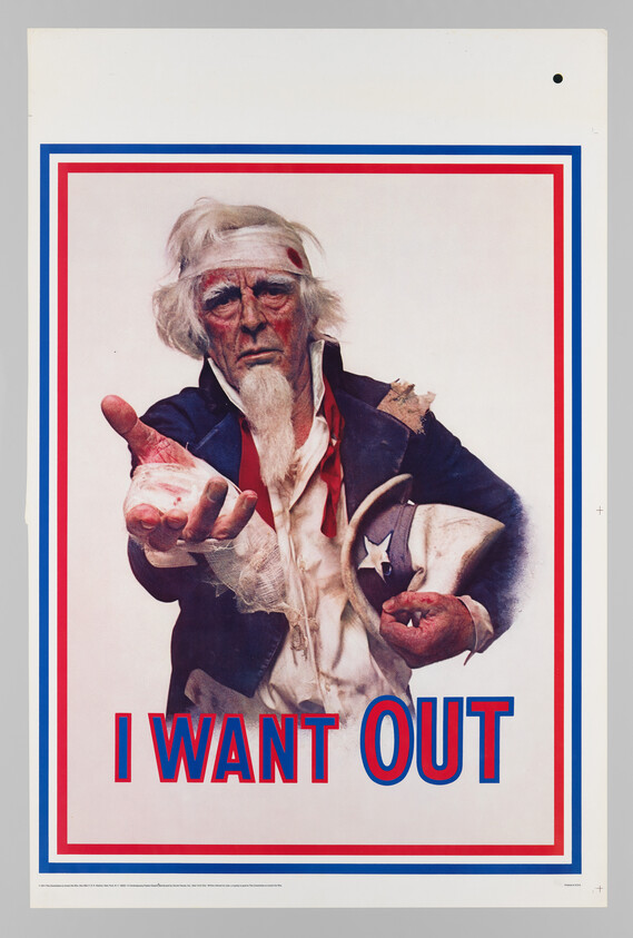 A disheveled Uncle Sam pointing forward with the phrase "I WANT OUT" below him.