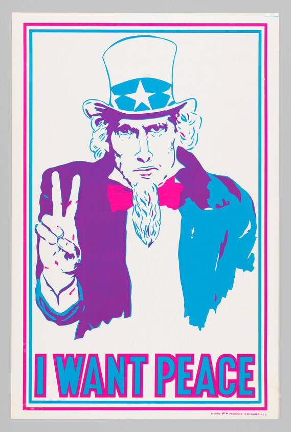 Uncle Sam making a peace sign with bold text reading "I WANT PEACE."