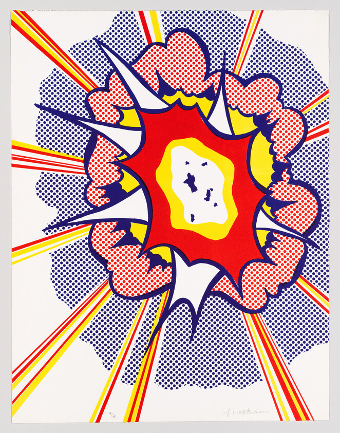 Bright pop-art explosion with red, yellow, and blue halftone dots radiating outward.
