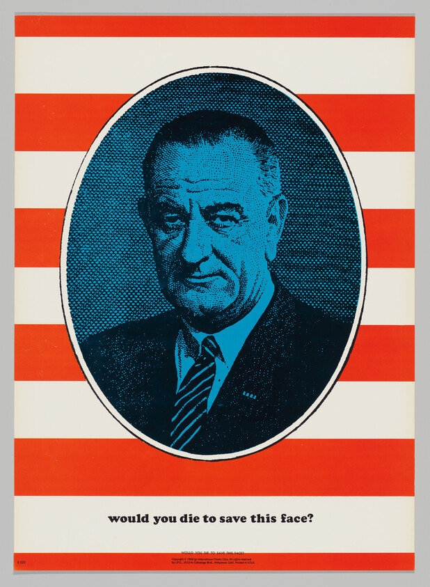 Portrait of a stern man framed by American flag stripes with the question "would you die to save this face?".