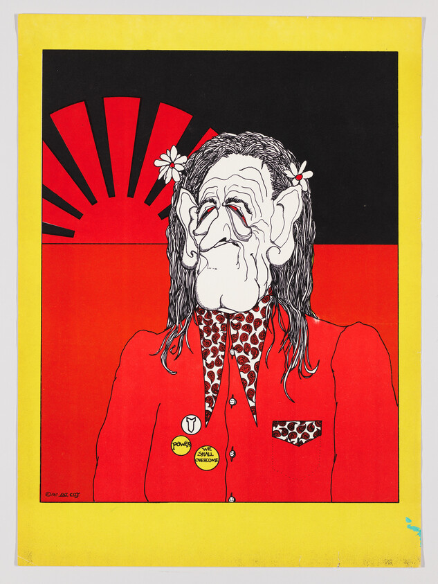 Caricatured elderly person with long hair and daisies wears a red jacket with protest pins.