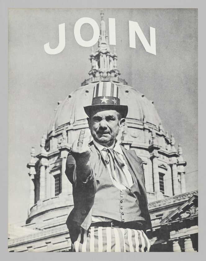 A vintage black and white poster featuring a man dressed in an Uncle Sam costume saluting in front of a domed building, with the word "JOIN" superimposed in large letters at the top.