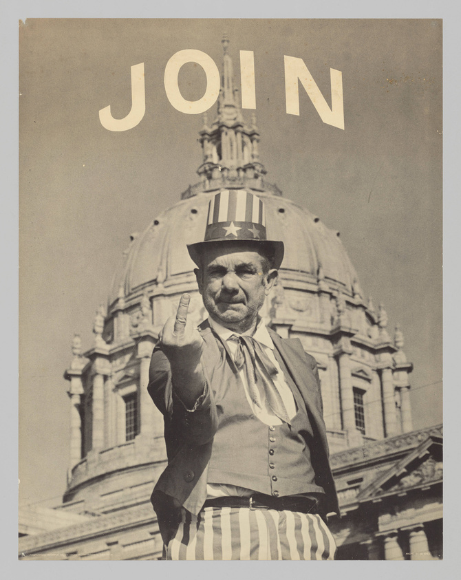 A vintage black and white photo of a man dressed as Uncle Sam with a stern expression, standing in front of a domed building, raising his right hand as if gesturing or saluting. The word "JOIN" is superimposed in large letters above his head.