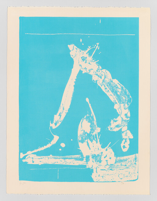 Large turquoise screen print showing white splash-like organic shapes on a cream-bordered sheet.