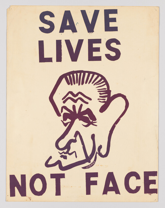 Vintage poster with bold text stating "SAVE LIVES NOT FACE" featuring a stylized line drawing of a man's profile.