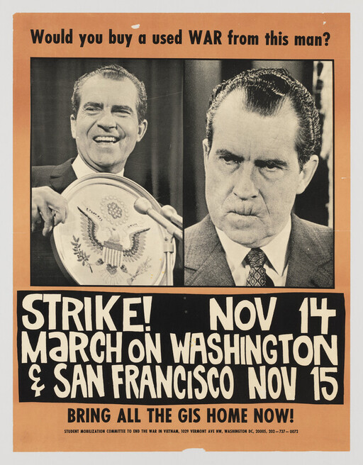 Two photos of Richard Nixon above bold text calling for a Nov 14 strike and Nov 15 marches.