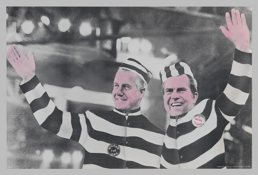 A black and white edited image featuring two men wearing striped prisoner costumes with cheerful expressions, waving their hands. The man on the left has a badge that reads "Nixon's the One," while the man on the right has a "More Cars" badge. The background appears to be a blurred street scene at night.