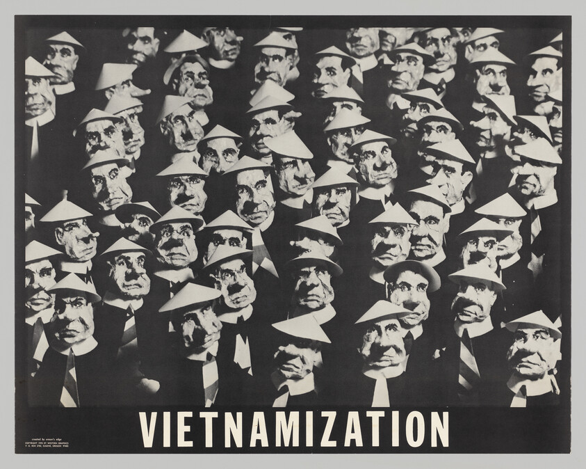 Many identical suited men's faces wearing conical hats with the word "VIETNAMIZATION" below.
