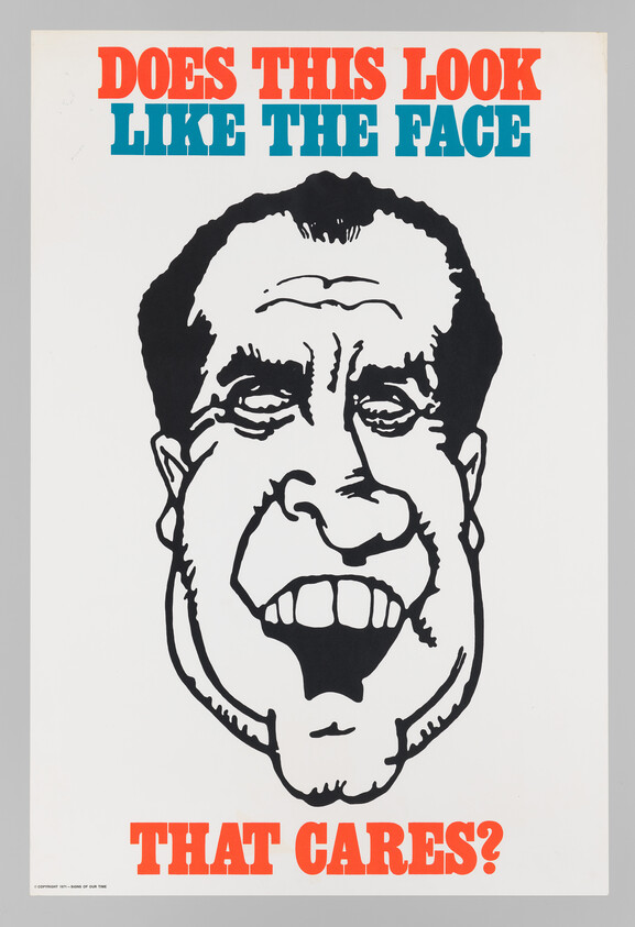 Bold red and blue text asks "Does this look like the face that cares?" above a large caricature face.