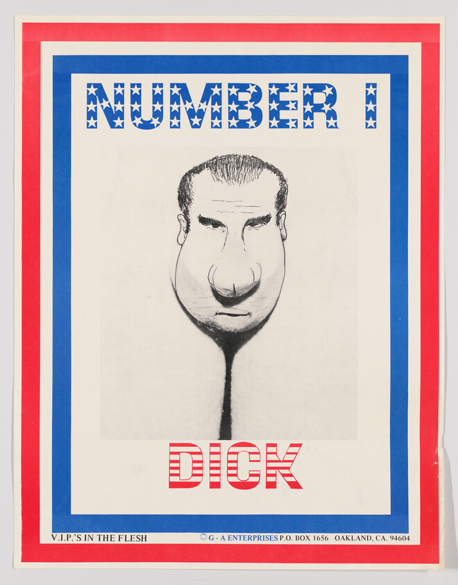Caricature of a man's oversized face on a stem with bold text "NUMBER 1 DICK."