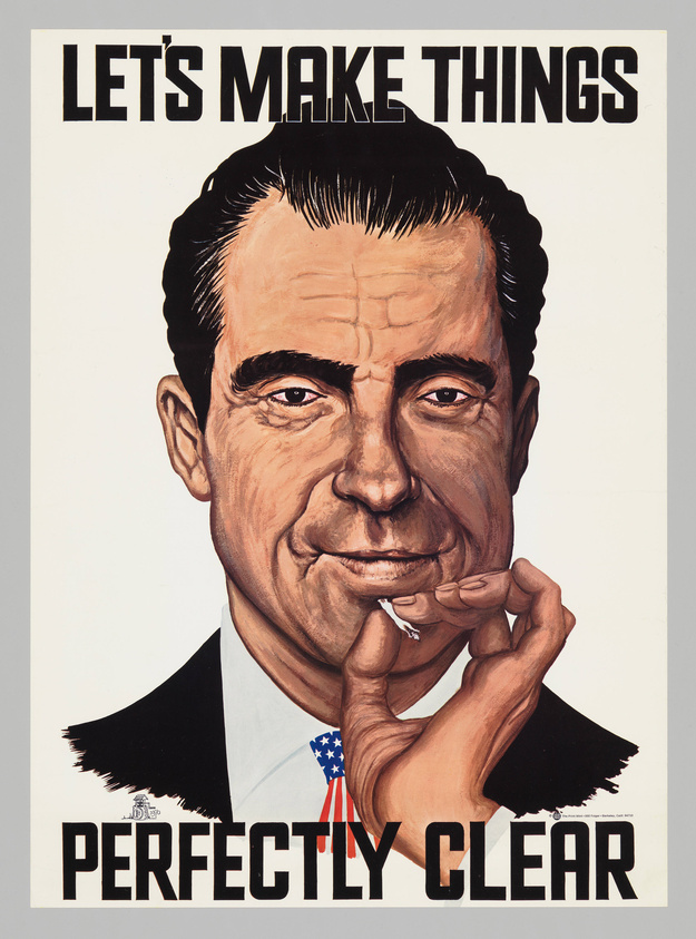 A stylized poster featuring a caricature of a man in a suit with an American flag pin, holding his chin with a thoughtful expression. The text above reads "LET'S MAKE THINGS" and below "PERFECTLY CLEAR."